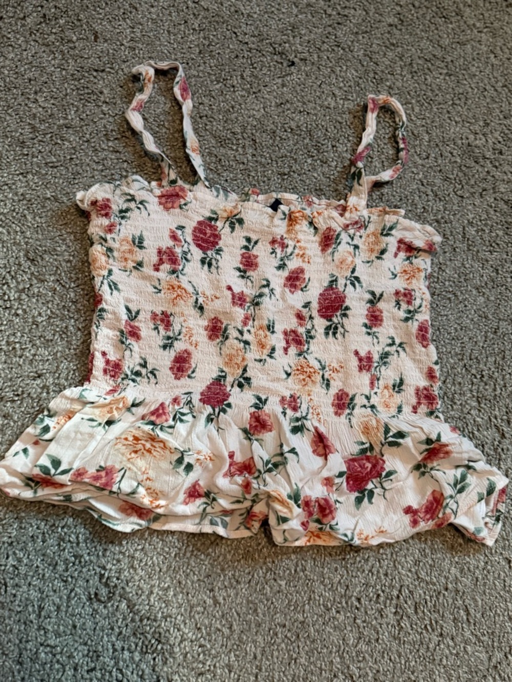 American Eagle Outfitters White Floral Smocked Cami with Pink & Peach Roses